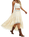 Women's Western Boho High Waist Lace Trim Skirt Asymmetrical Tiered Cowgirl Midi Skirt for Country Concert Music Festival