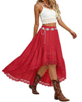 Women's Western Boho High Waist Lace Trim Skirt Asymmetrical Tiered Cowgirl Midi Skirt for Country Concert Music Festival