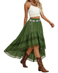 Women's Western Boho High Waist Lace Trim Skirt Asymmetrical Tiered Cowgirl Midi Skirt for Country Concert Music Festival