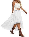 Women's Western Boho High Waist Lace Trim Skirt Asymmetrical Tiered Cowgirl Midi Skirt for Country Concert Music Festival