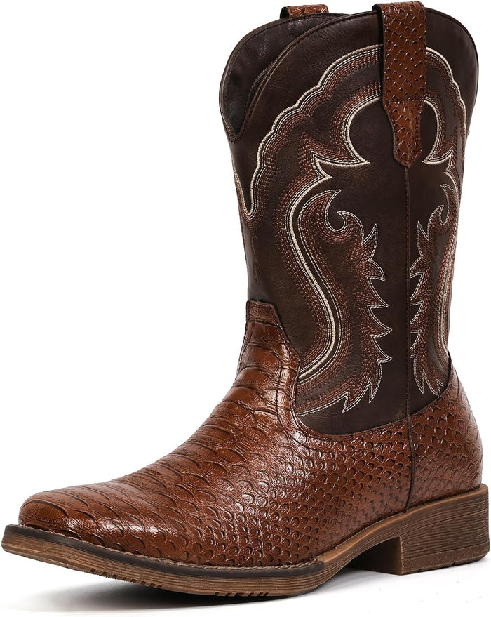 IUV Cowboy Boots for Men Western Boots Square Toe Mid Calf Cowboy Boot