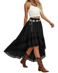 Women's Western Boho High Waist Lace Trim Skirt Asymmetrical Tiered Cowgirl Midi Skirt for Country Concert Music Festival