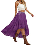 Women's Western Boho High Waist Lace Trim Skirt Asymmetrical Tiered Cowgirl Midi Skirt for Country Concert Music Festival