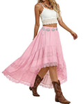 Women's Western Boho High Waist Lace Trim Skirt Asymmetrical Tiered Cowgirl Midi Skirt for Country Concert Music Festival