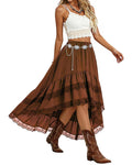 Women's Western Boho High Waist Lace Trim Skirt Asymmetrical Tiered Cowgirl Midi Skirt for Country Concert Music Festival