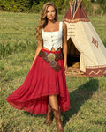 Women's Western Boho High Waist Lace Trim Skirt Asymmetrical Tiered Cowgirl Midi Skirt for Country Concert Music Festival