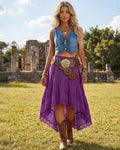 Women's Western Boho High Waist Lace Trim Skirt Asymmetrical Tiered Cowgirl Midi Skirt for Country Concert Music Festival