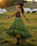 Women's Western Boho High Waist Lace Trim Skirt Asymmetrical Tiered Cowgirl Midi Skirt for Country Concert Music Festival
