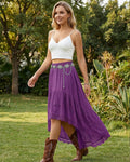 Women's Western Boho High Waist Lace Trim Skirt Asymmetrical Tiered Cowgirl Midi Skirt for Country Concert Music Festival