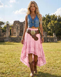 Women's Western Boho High Waist Lace Trim Skirt Asymmetrical Tiered Cowgirl Midi Skirt for Country Concert Music Festival