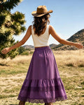 Women's Western Boho High Waist Lace Trim Skirt Asymmetrical Tiered Cowgirl Midi Skirt for Country Concert Music Festival