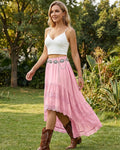 Women's Western Boho High Waist Lace Trim Skirt Asymmetrical Tiered Cowgirl Midi Skirt for Country Concert Music Festival