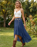 Women's Western Boho High Waist Lace Trim Skirt Asymmetrical Tiered Cowgirl Midi Skirt for Country Concert Music Festival