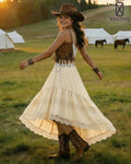 Women's Western Boho High Waist Lace Trim Skirt Asymmetrical Tiered Cowgirl Midi Skirt for Country Concert Music Festival