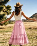 Women's Western Boho High Waist Lace Trim Skirt Asymmetrical Tiered Cowgirl Midi Skirt for Country Concert Music Festival
