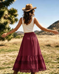 Women's Western Boho High Waist Lace Trim Skirt Asymmetrical Tiered Cowgirl Midi Skirt for Country Concert Music Festival