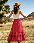 Women's Western Boho High Waist Lace Trim Skirt Asymmetrical Tiered Cowgirl Midi Skirt for Country Concert Music Festival