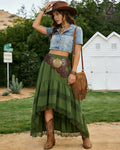 Women's Western Boho High Waist Lace Trim Skirt Asymmetrical Tiered Cowgirl Midi Skirt for Country Concert Music Festival