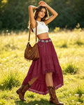 Women's Western Boho High Waist Lace Trim Skirt Asymmetrical Tiered Cowgirl Midi Skirt for Country Concert Music Festival