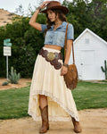 Women's Western Boho High Waist Lace Trim Skirt Asymmetrical Tiered Cowgirl Midi Skirt for Country Concert Music Festival