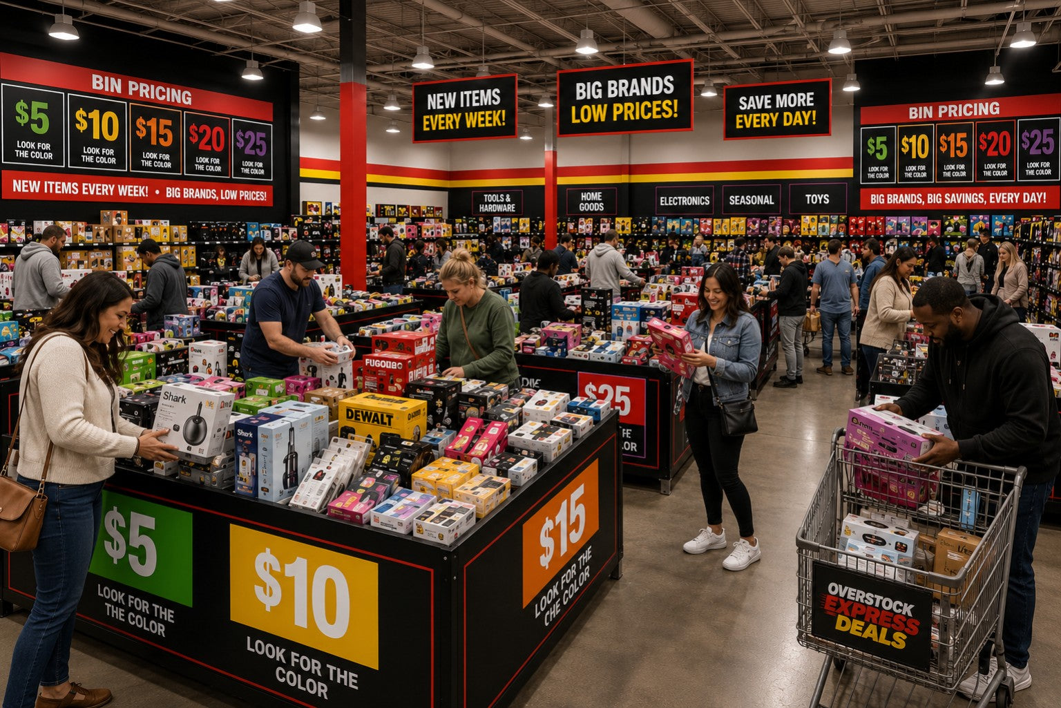 Customers shopping Overstock Express Deals bins